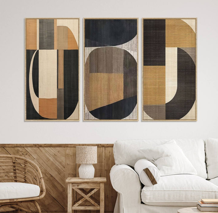 Framed Wabi Sabi Art Print: A modern minimalist geometric canvas featuring earthy tones and overlapping rounded shapes. Ready to hang.