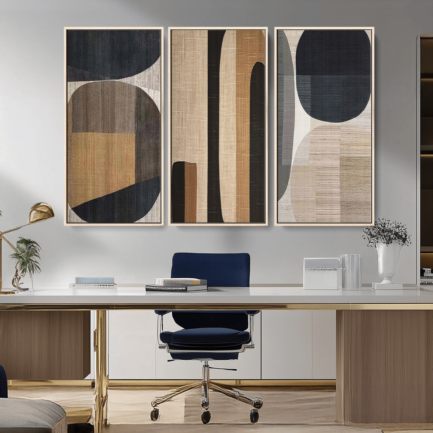MGV-FC-48X32-3P - Abstract Minimalist Canvas Wall Art - Neutral Geometric Modern Boho Decor, Minimalist Brown Wabi