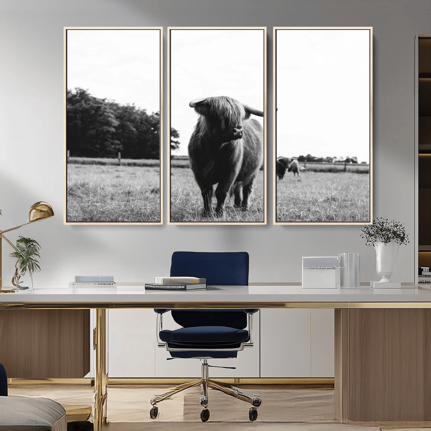 MGV-FC-48X32-3P - Black and White Highland Cow Wall Art Canvas Print | Rustic Western Decor for Living Room or Office,