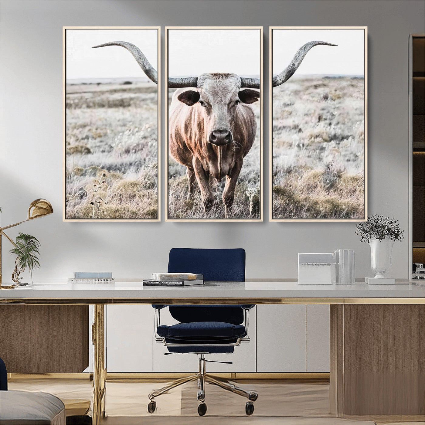 26121-MGV-FC-48X32-3P_Natural-Rustic Texas Longhorn Wall Art Canvas Print | Western Farmhouse Decor for Living Room or Office,