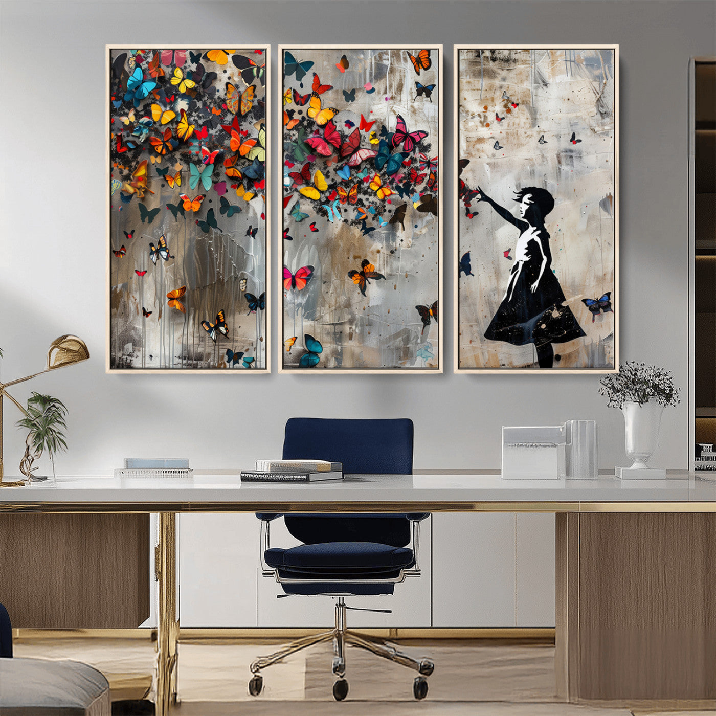 MGV-FC-48X32-3P - Banksy Wall Art - Banksy Girl and Butterfly Explosion Wall Art Canvas Print | Girl with Butterflies