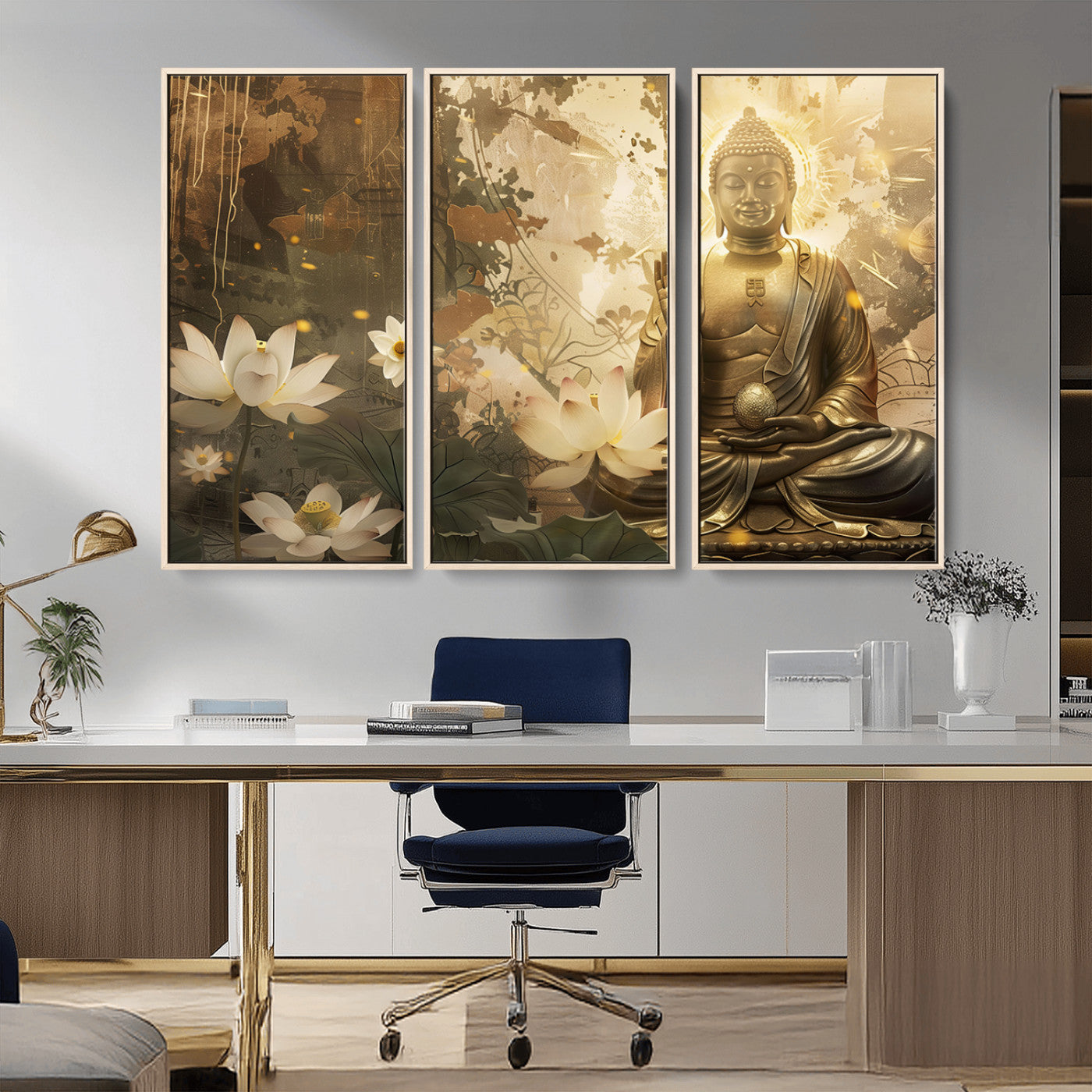 MGV-FC-48X32-3P - Zen Buddha Wall Art Canvas Print | Peaceful Meditation Decor with Lotus Flowers | Spiritual Serenity