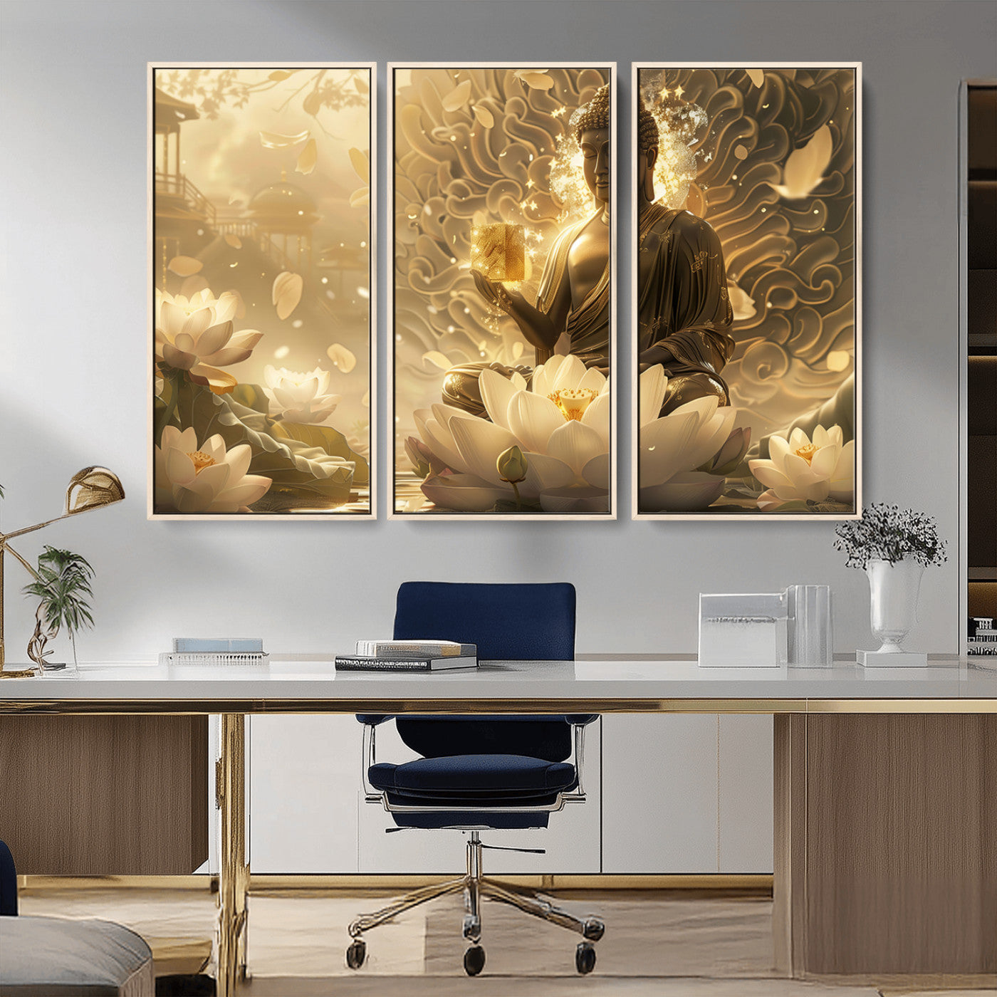 MGV-FC-48X32-3P - Golden Buddha Wall Art | Yoga Room Decor and Meditation Room Wall Art | Framed and Ready to Hang