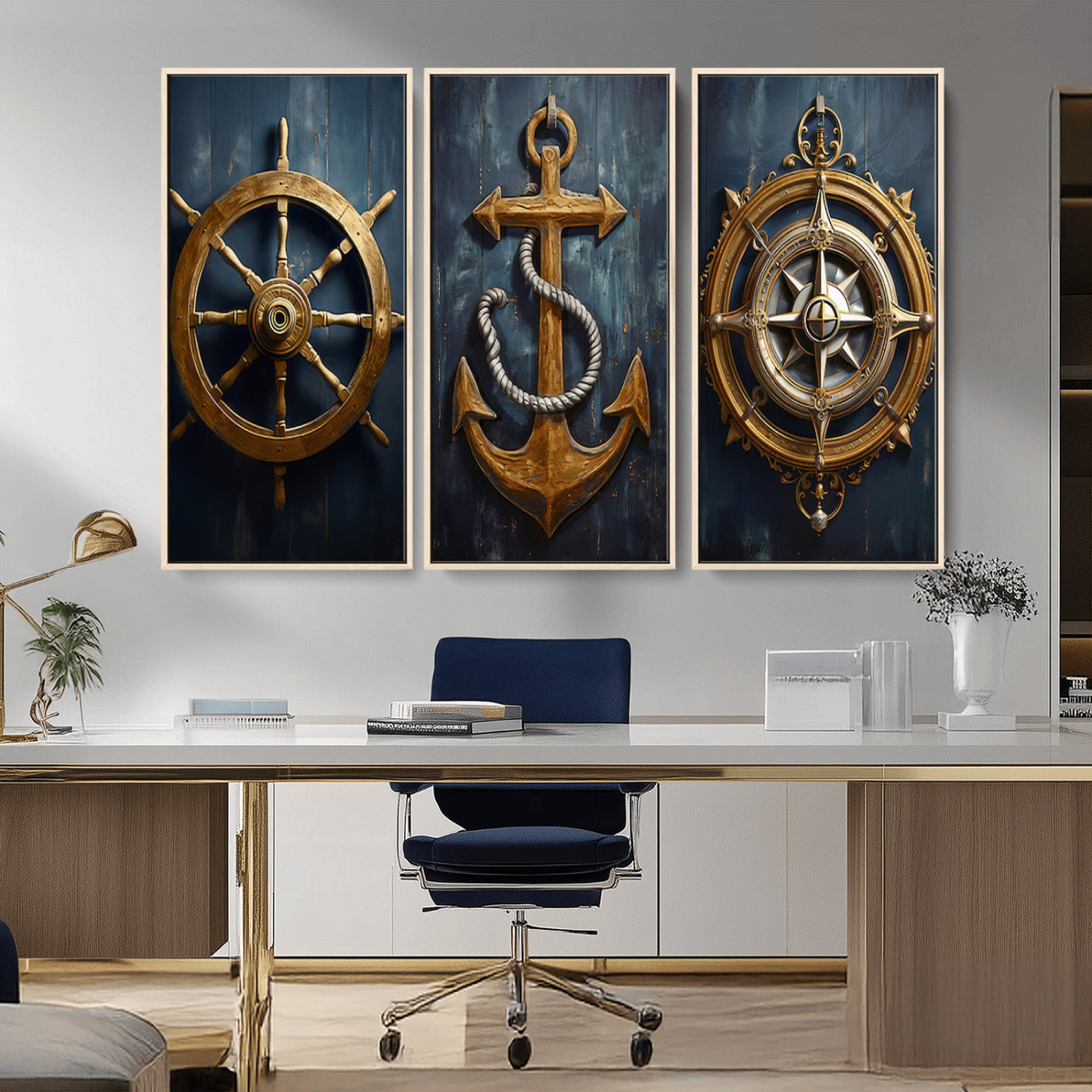 MGV-FC-48X32-3P - Boat Anchor Compass With Rope Wall Art Canvas Print | Beach House Wall Art