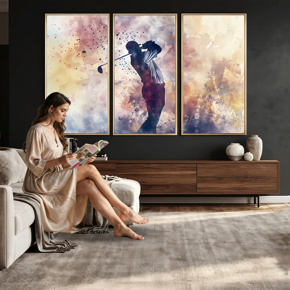 10848-MGV-CV-36X24 - Abstract Watercolor Golf Player Wall Art Canvas Print
