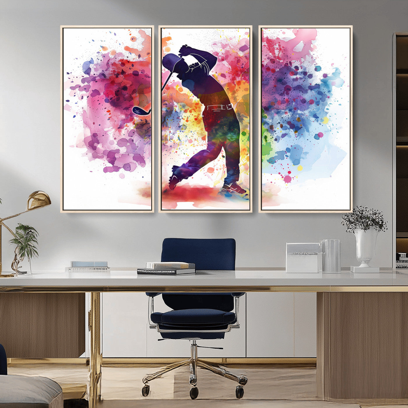 MGV-FC-48X32-3P - Colorful Golfer Swing Wall Art Canvas Print - Ready to Hang, Framed Sports Decor