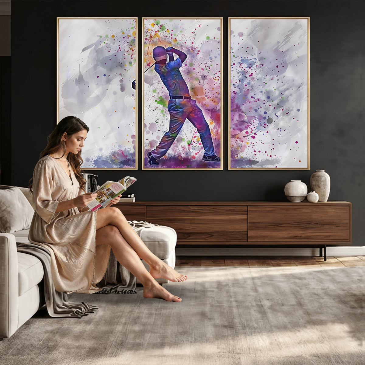 60116-MGV-CV-36X24 - Watercolor Golf Swing Wall Art Canvas Print, Vibrant, Framed and Ready to Hang