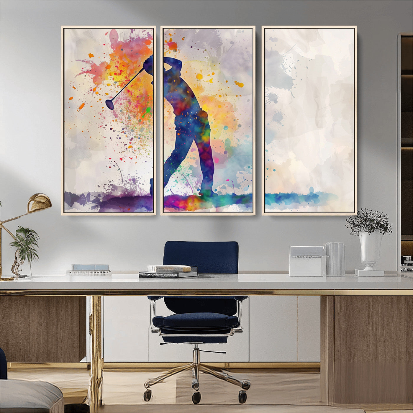 MGV-FC-48X32-3P - Watercolor Golf Swing Wall Art Canvas Print | Vibrant Abstract Golf Player Silhouette |
