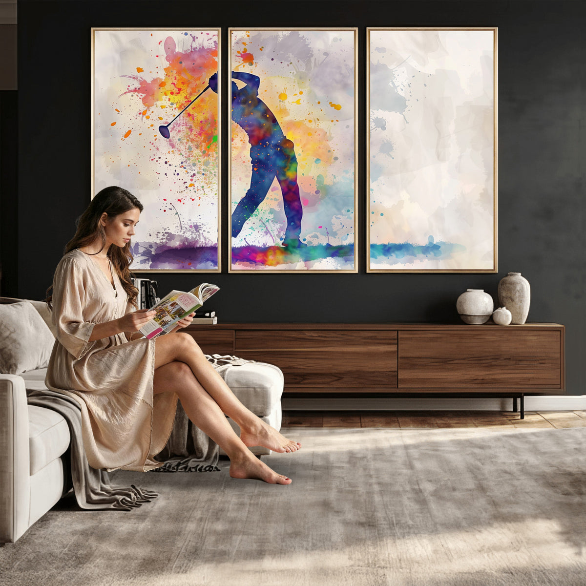 89625-MGV-CV-36X24 - Vibrant Watercolor Golf Swing Wall Art Canvas Print | Extra Large 3 Piece Canvas Wall Art