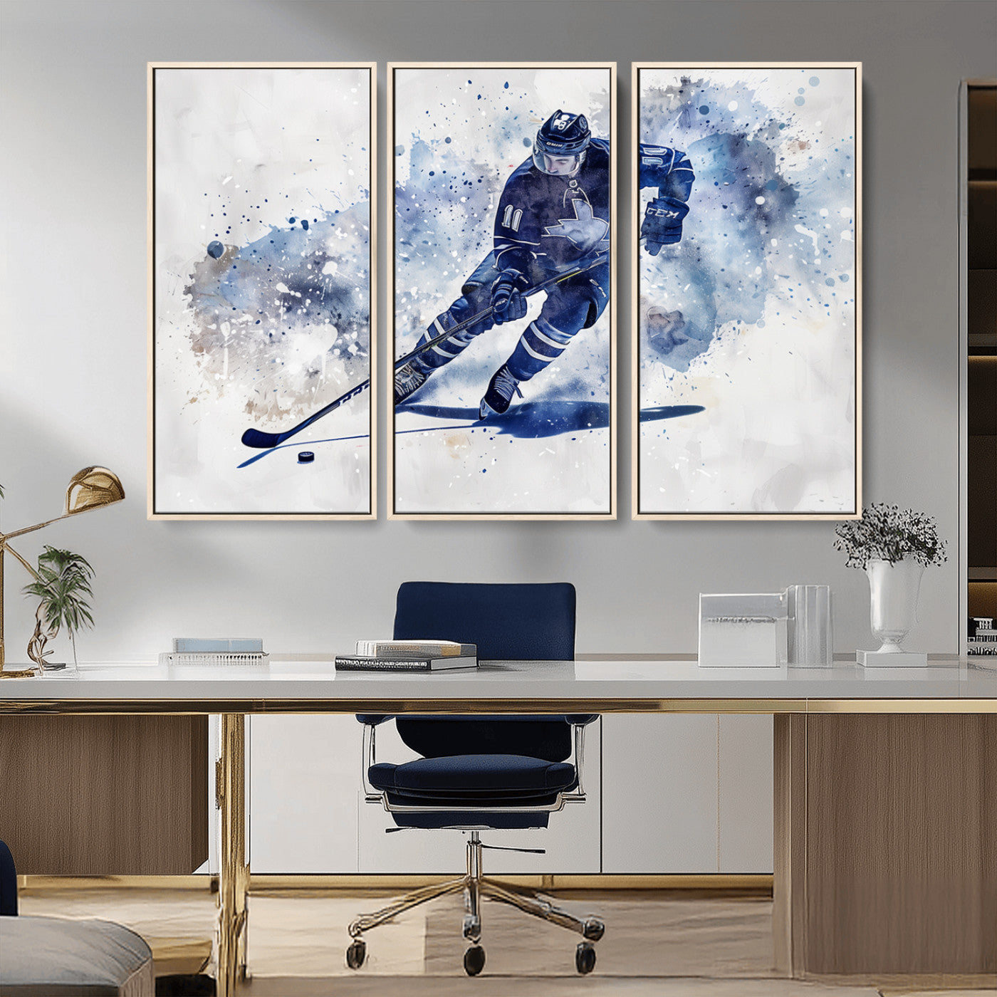 MGV-FC-48X32-3P - Hockey Player Wall Art Canvas Print - Sports-Inspired Watercolor Decor - Ready to Hang