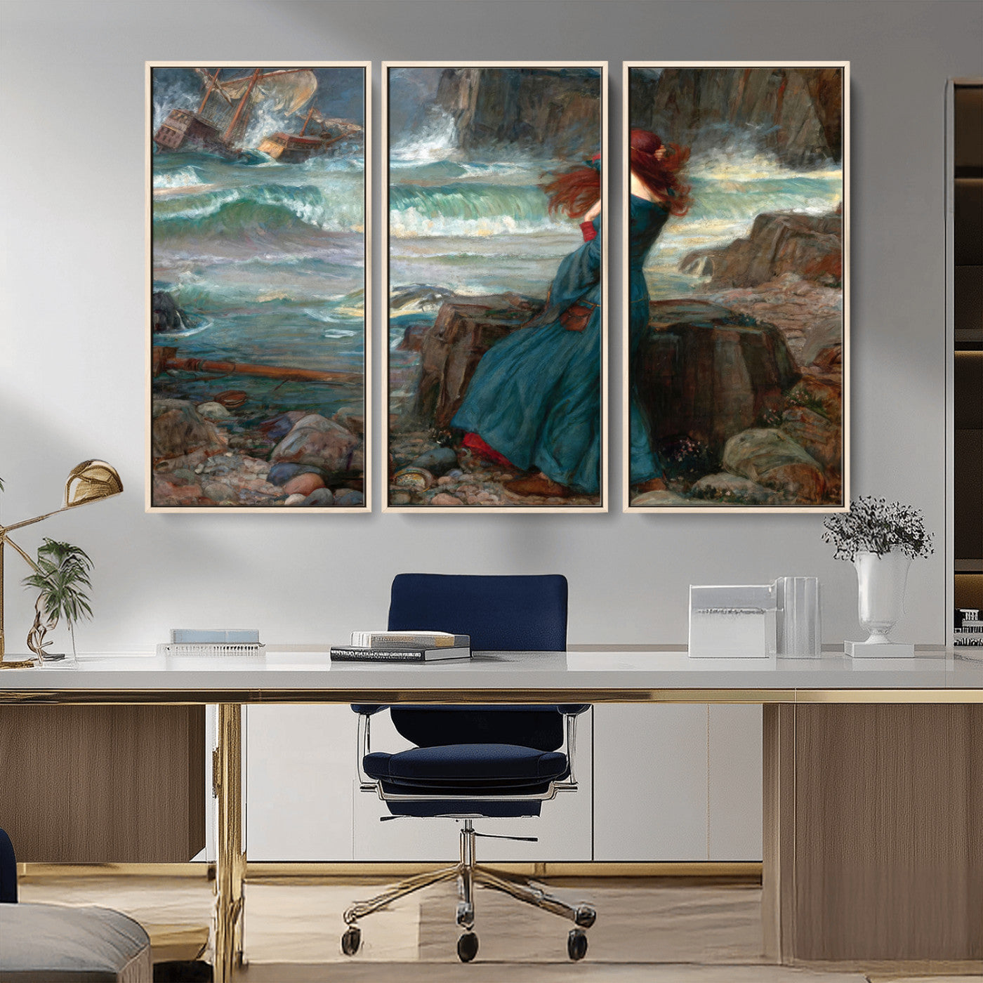 1-MGV-FC-48X32-3P_Natural-Miranda by the Shore Wall Art Canvas Print – Tempest Scene Ocean Storm – Ready to Hang