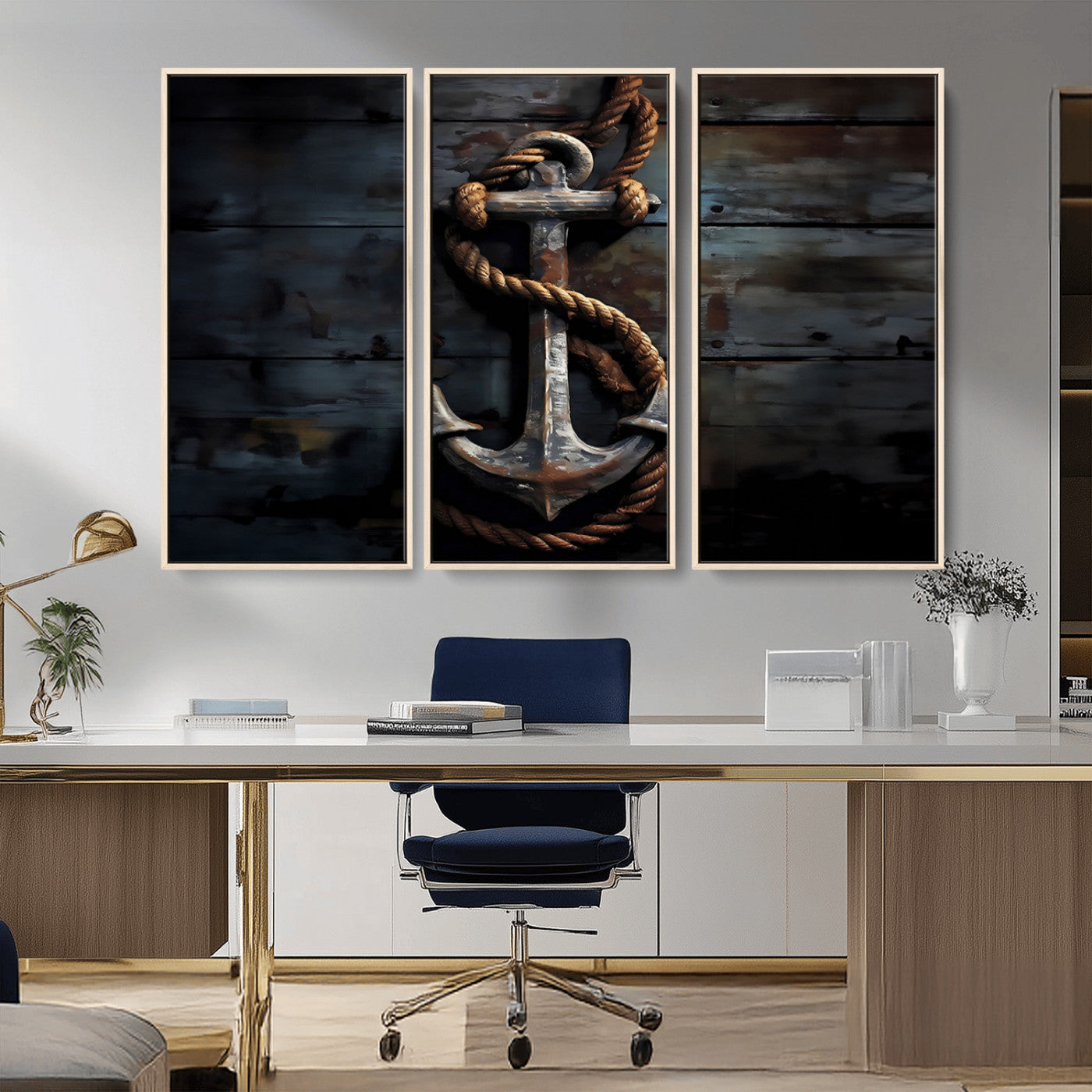 MGV-FC-48X32-3P - 3 Panel Grunge Abstract Anchor Wall Art Canvas Print Set