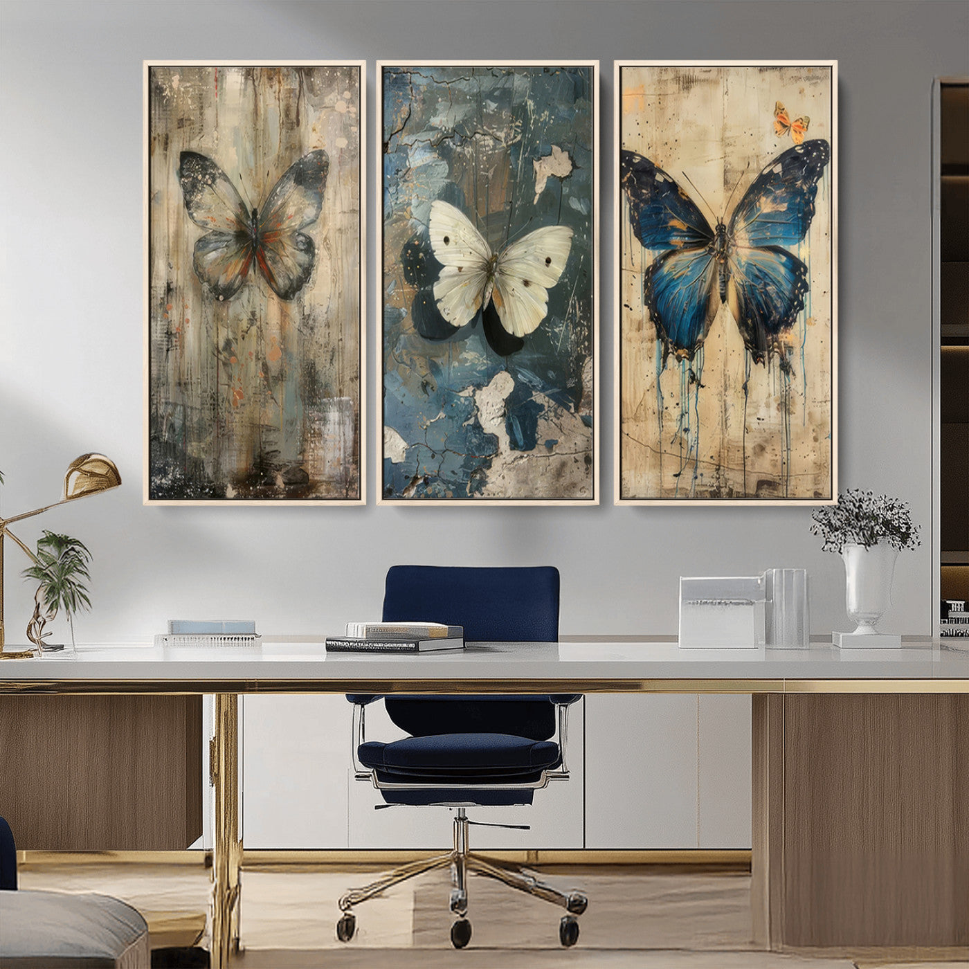 MGV-FC-48X32-3P - Butterfly Wall Art Trio | Vintage Butterfly Canvas Print | Ready to Hang Framed Artwork for