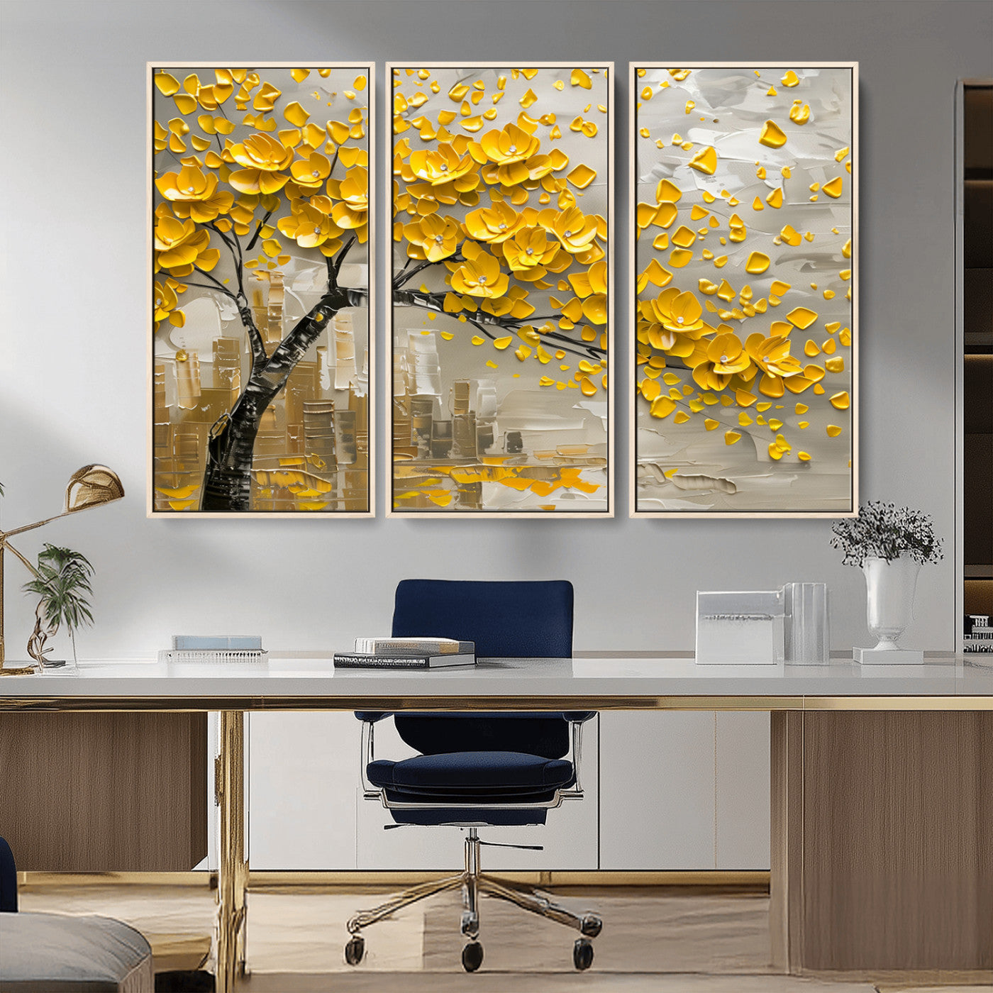 MGV-FC-48X32-3P - Yellow Blossom Tree Canvas Wall Art - Floral Abstract Modern Contemporary Artwork for Living Room or