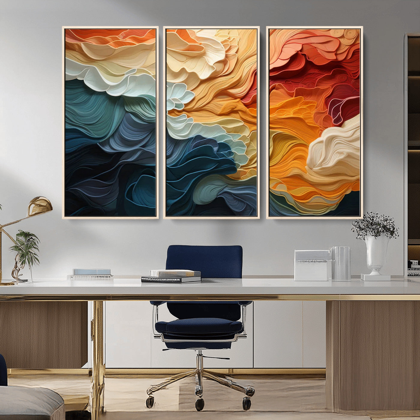MGV-FC-48X32-3P - Blue Orange Abstract Wave Wall Art Canvas Print, Framed Blue Orange Wave Wall Art