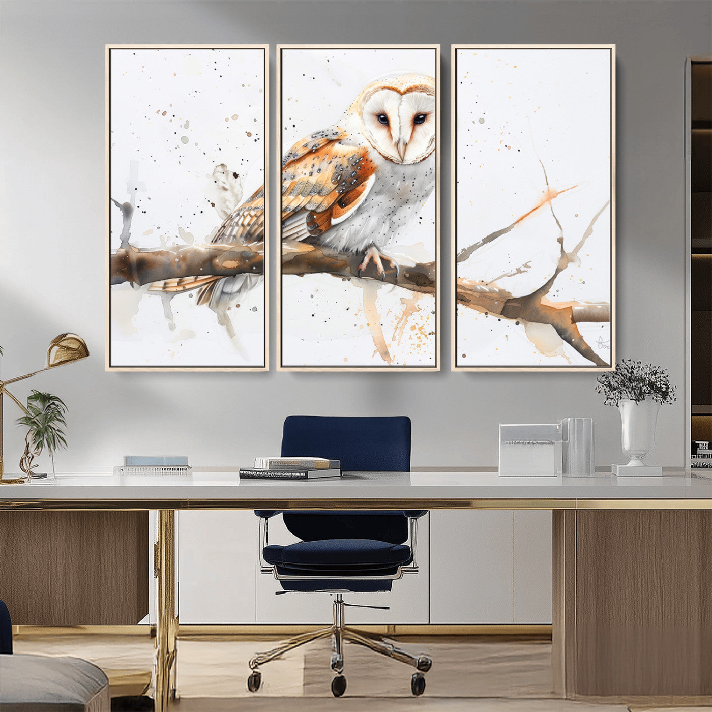 MGV-FC-48X32-3P - Barn Owl Wall Art on Branch | Stunning Canvas Print for Nature Lovers | Ready to Hang and Framed