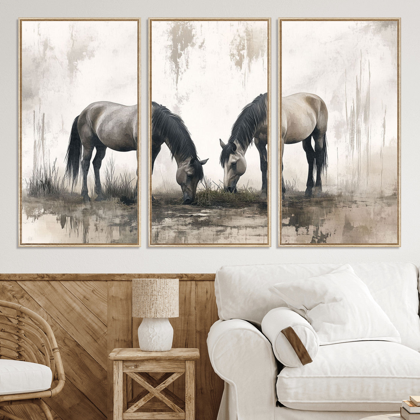 35494-MGV-CV-36X24-Chines Ink Style Vintage Horses Wall Art Canvas Print for Farmhouse Wall Decor
