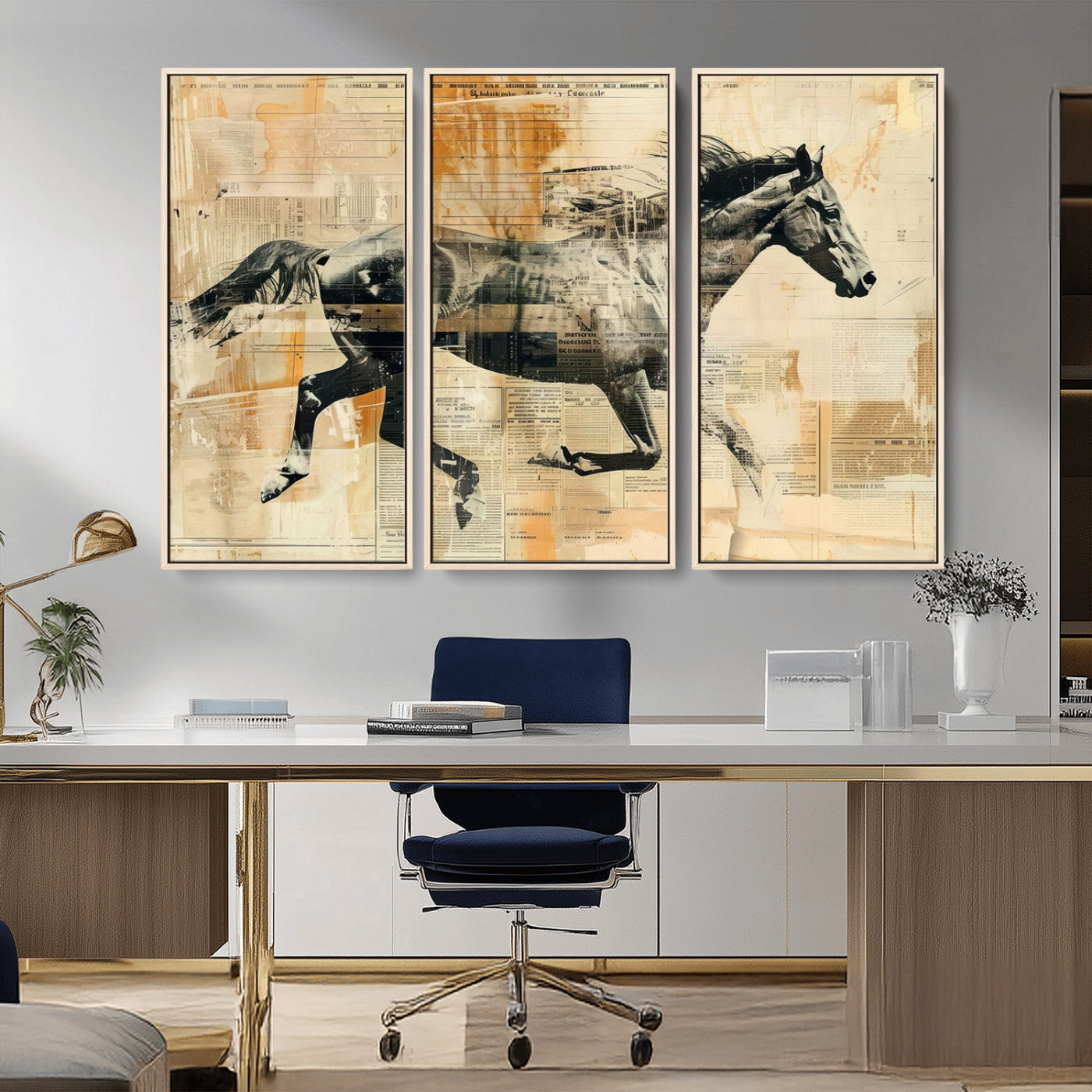 MGV-FC-48X32-3P - Chines Style Running Horse Western Wall Art | Farmhouse Wall Decor | Ready to Hang Framed Canvas