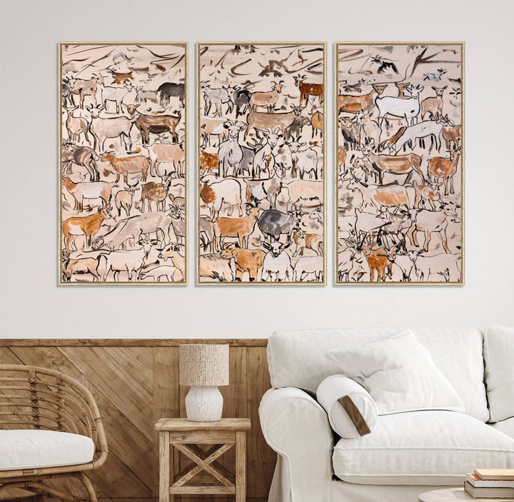 Framed Goat Herd Wall Art in minimal brush strokes on a beige backdrop, ideal for farmhouse or cabin decor.