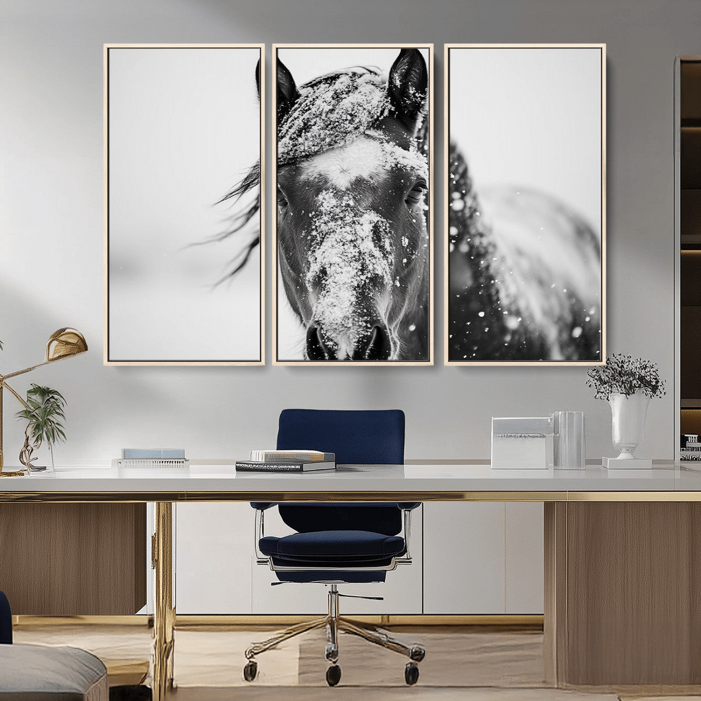 MGV-FC-48X32-3P - Western Wall Art | Black and White Winter Horse Wall Art | Ready to Hang and Framed | Farmhouse and