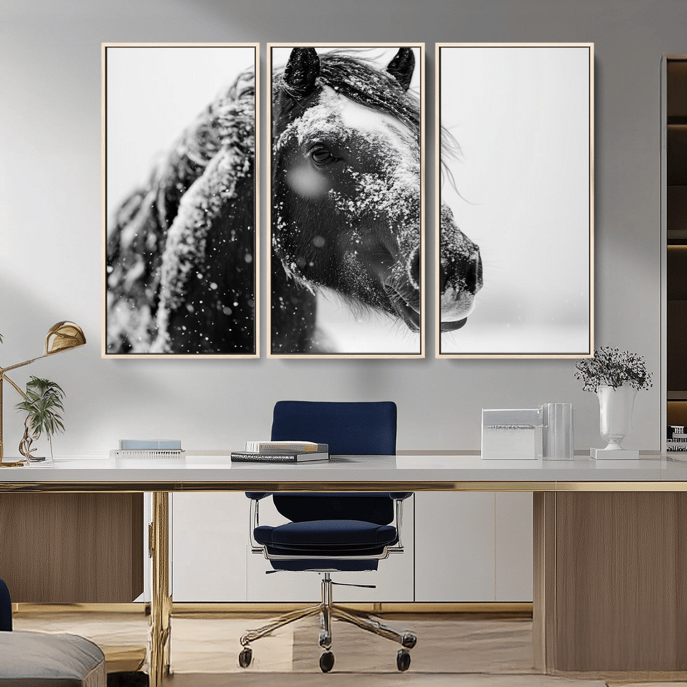MGV-FC-48X32-3P - Winter Horse Canvas Print | Large 3-Panel Black White Equine Photography for Rustic Farmhouse Wall