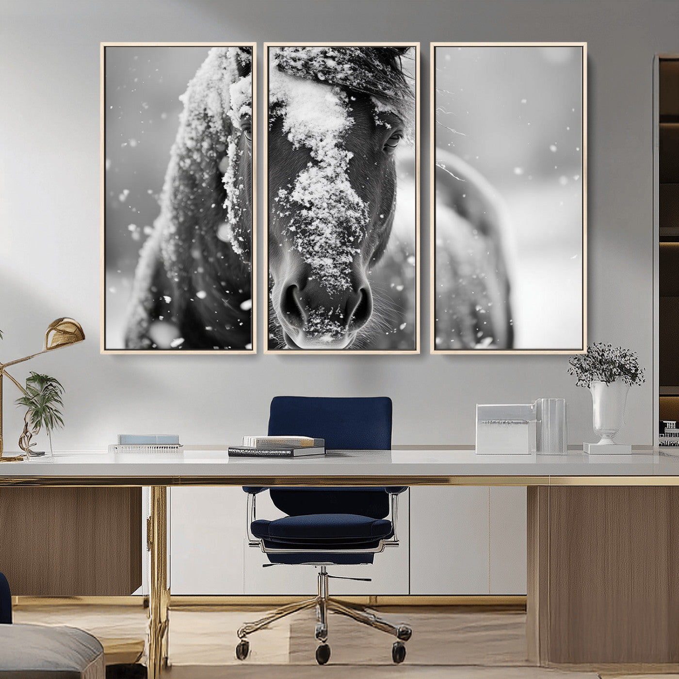 MGV-FC-48X32-3P - Black and White Horse Winter Wall Art | Ready to Hang and Framed | Farmhouse Wall Decor | Western