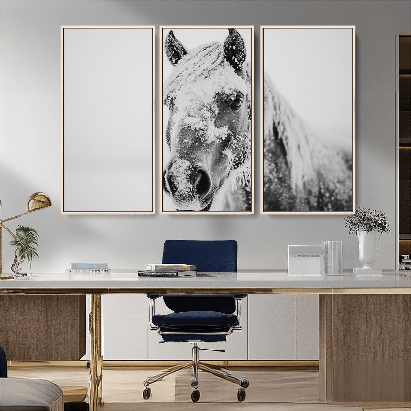 MGV-FC-48X32-3P - White Horse Wall Art | Ready to Hang and Framed | Winter Horse Wall Art Print for Farmhouse and