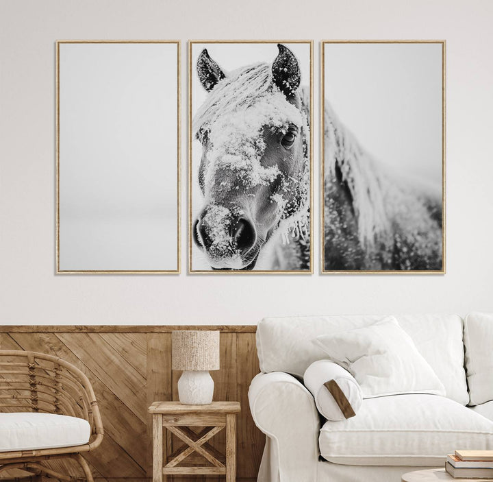 White Horse Wall Art: A black and white photo of a snow-covered horse, framed and ready to hang for farmhouse decor.