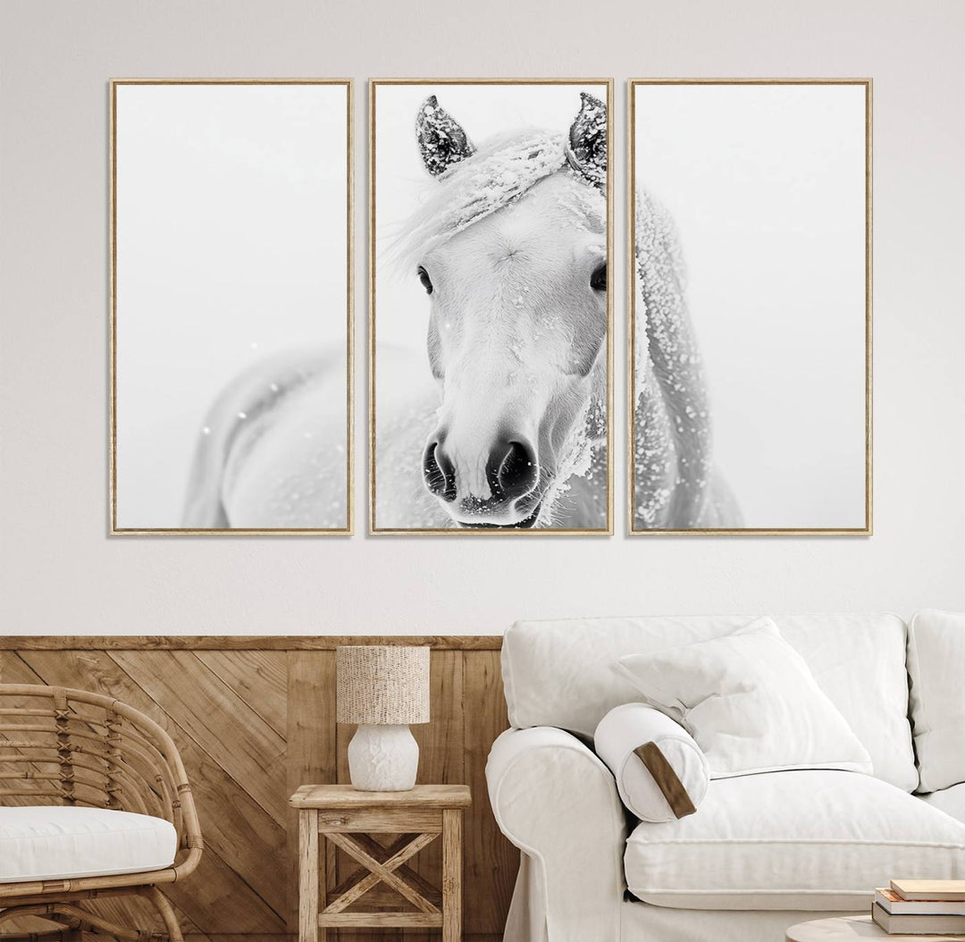 The dining room features the Majestic White Horse Wall Art, adding to its rustic charm.