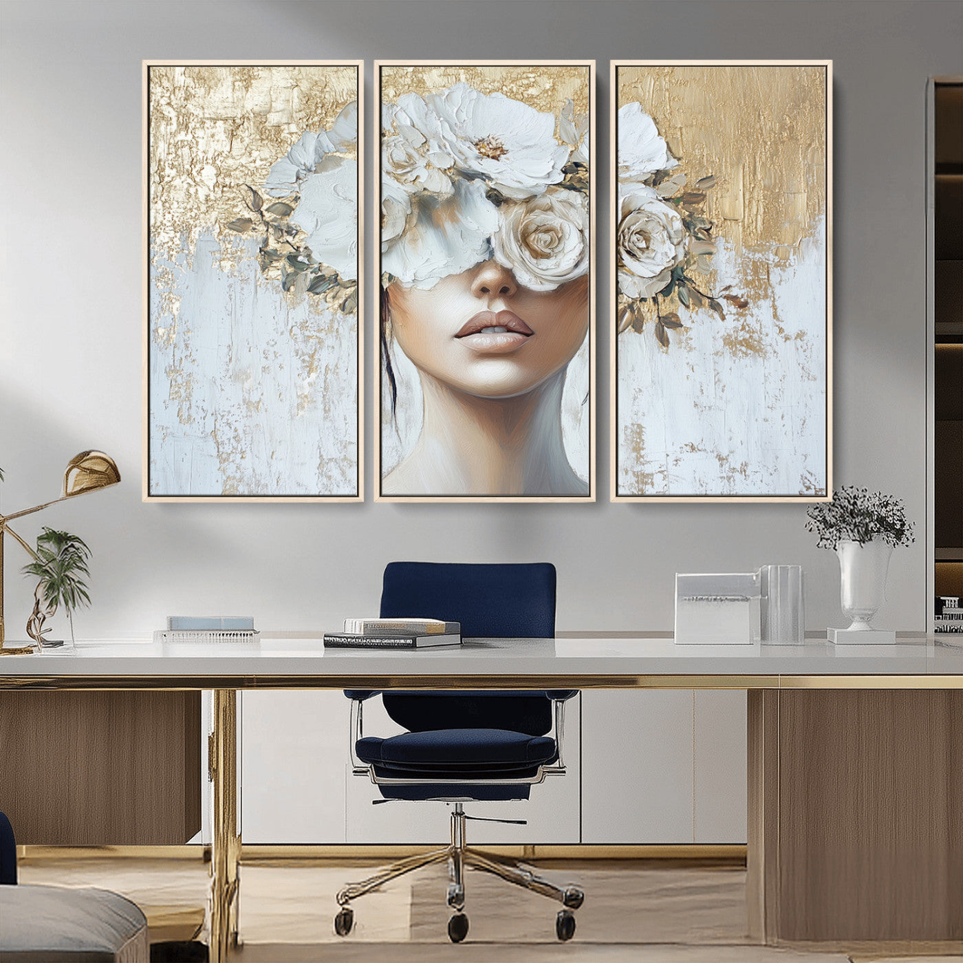 MGV-FC-48X32-3P - Golden Petal Wall Art - Canvas Print Flower Head Woman Painting Floral Woman Portrait Wall Decor,