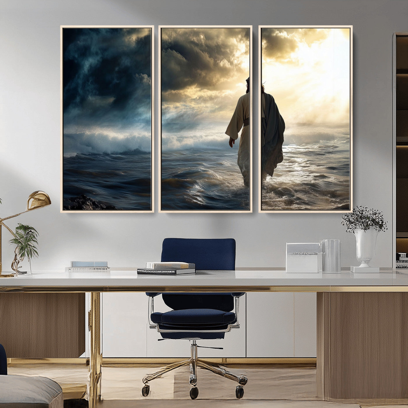 MGV-FC-48X32-3P - Jesus Walking on Water Wall Art | Canvas Print | Ready to Hang | Christian Home Decor | Spiritual