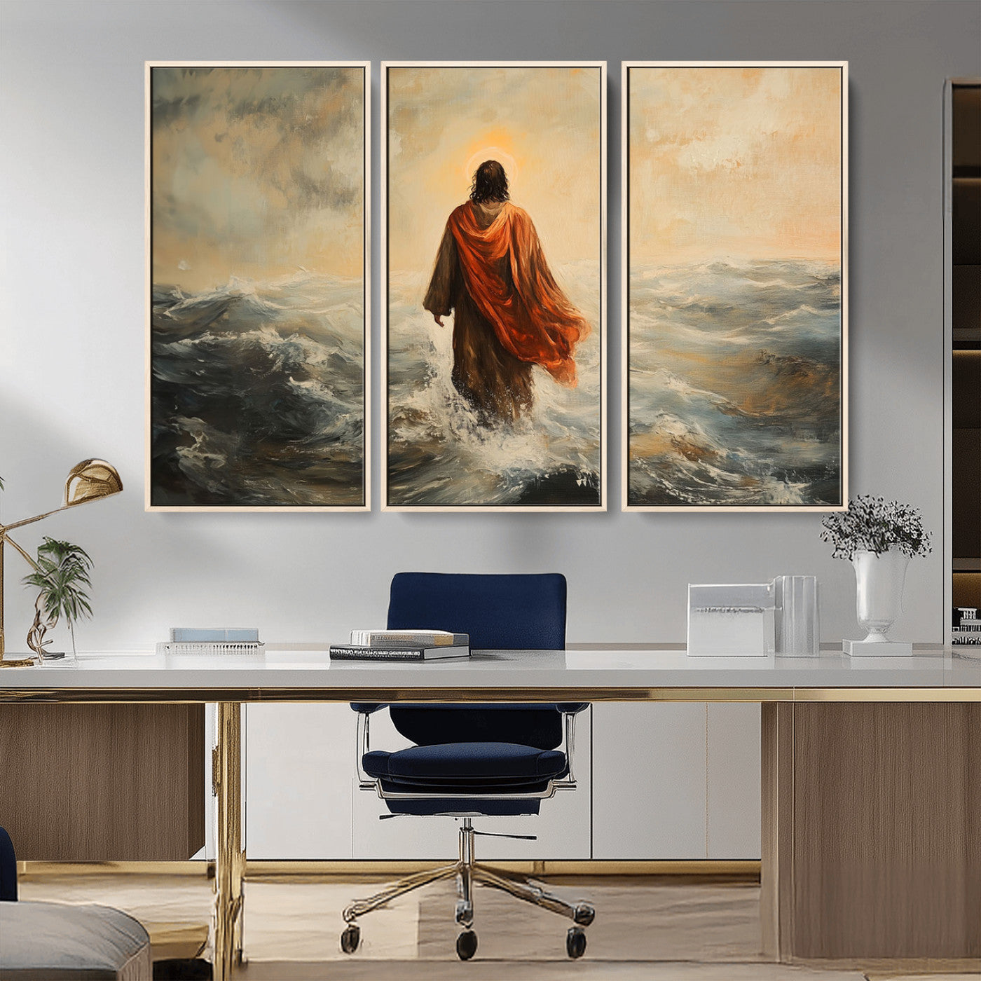 MGV-FC-48X32-3P - Jesus Walking on Water, Christian Wall Art, Jesus Christ Walking on Oil Painting Style Print