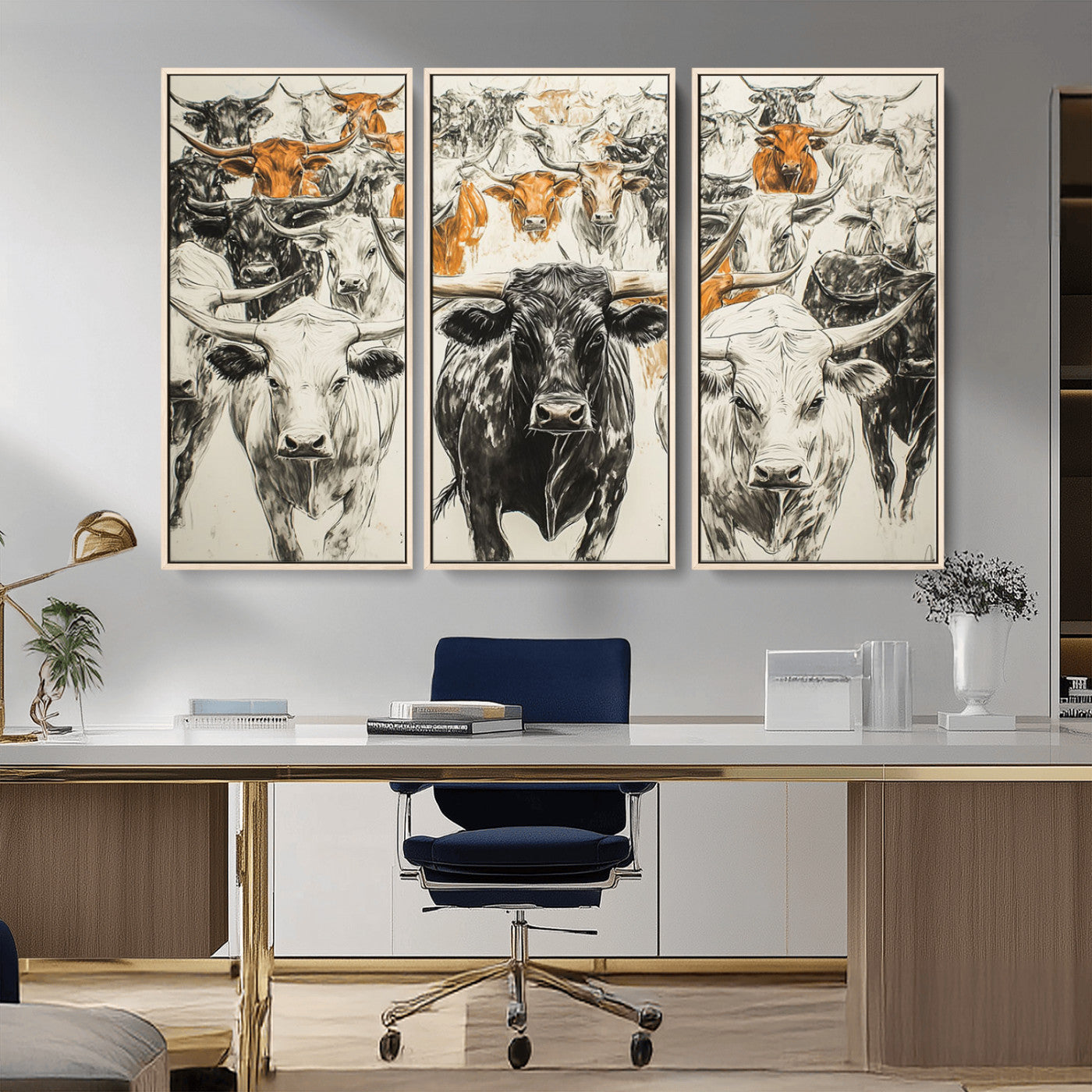 MGV-FC-48X32-3P - Farmhouse Wall Art | Western Longhorn Cattle Canvas Print | Ready to Hang and Framed Barn Decor