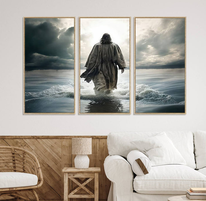 A canvas wall art depicting a figure walking on water beneath dramatic clouds, designed as inspirational religious imagery and ready to hang.