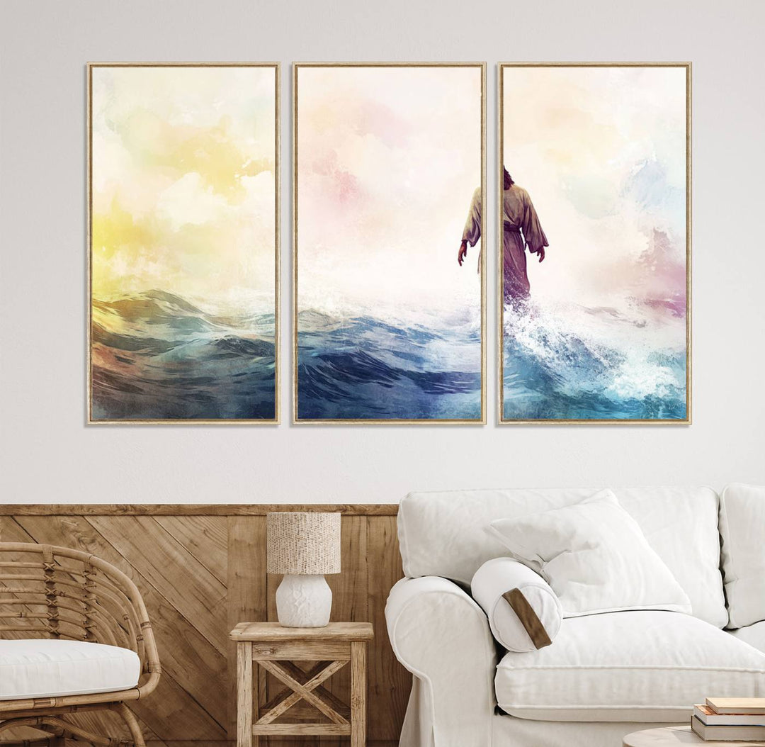 A robed figure strides on water in gentle waves, evoking the Watercolor Jesus Walking on Water canvas art.