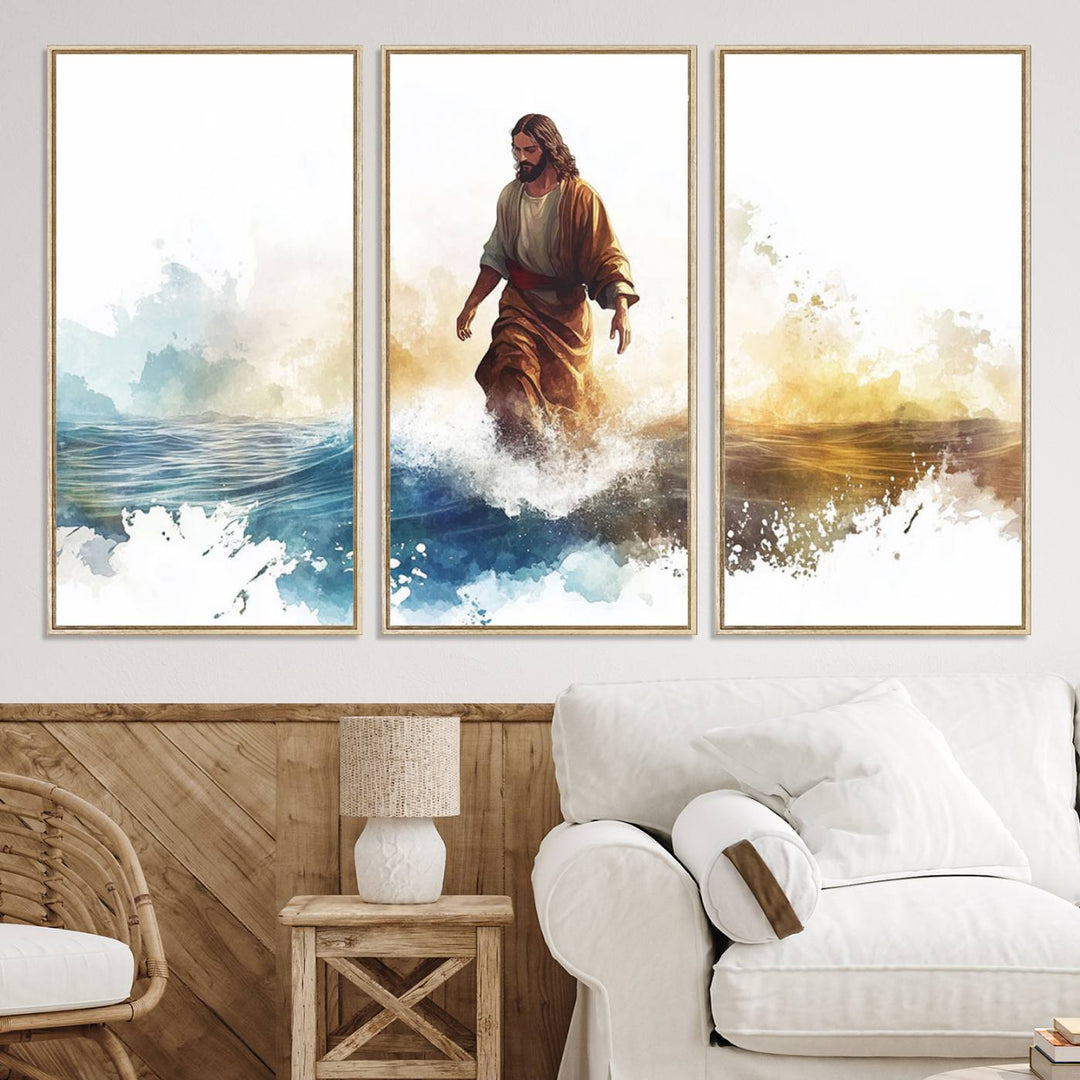 This watercolor canvas print depicts Jesus walking, characterized by abstract splashes against a serene background. It serves as a beautiful piece of Christian wall art.