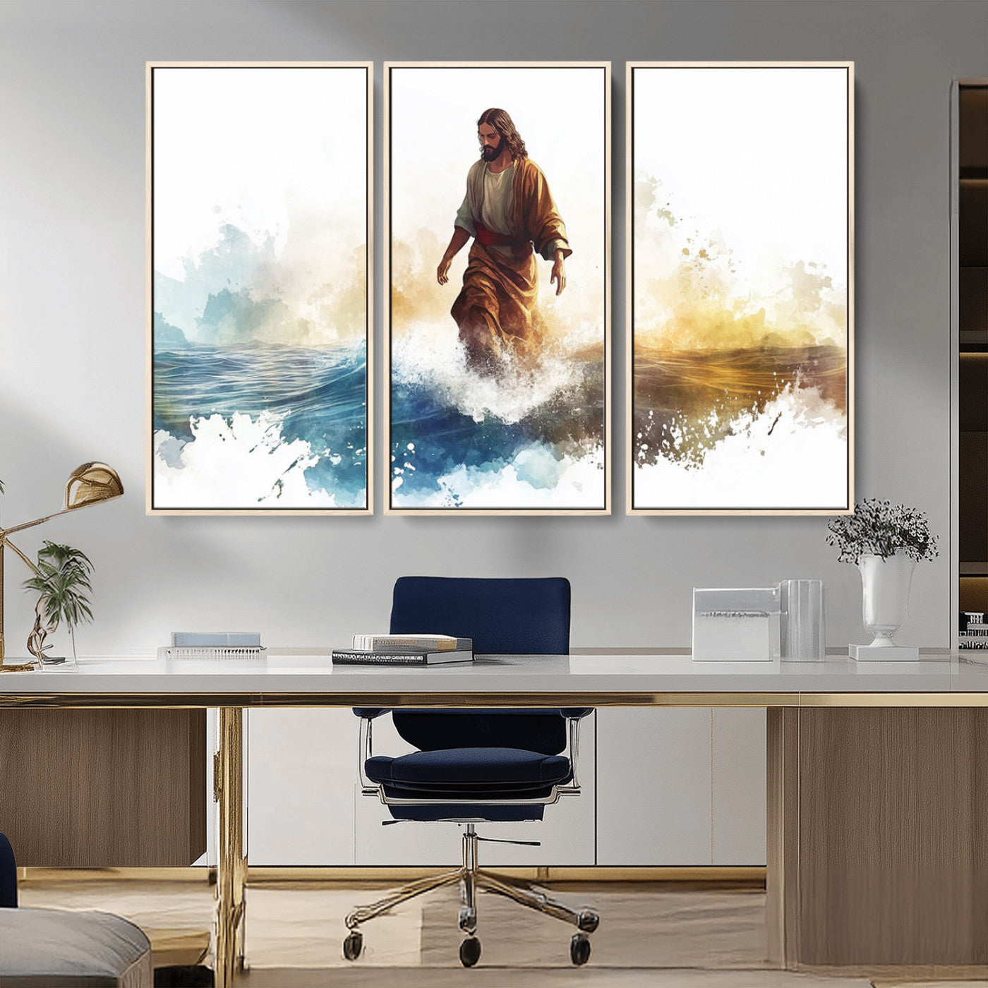 MGV-FC-48X32-3P - Watercolor Jesus Walking Wall Art Print, Jesus Water Canvas Print, Christian Wall Art, Jesus Christ