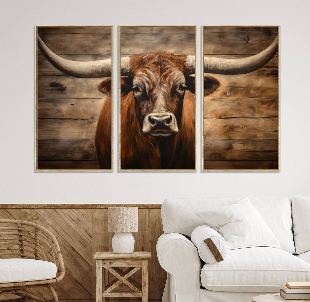 Longhorn Bull Canvas Print: Rustic Farmhouse Decor, Ready to Hang Western Barn Art.