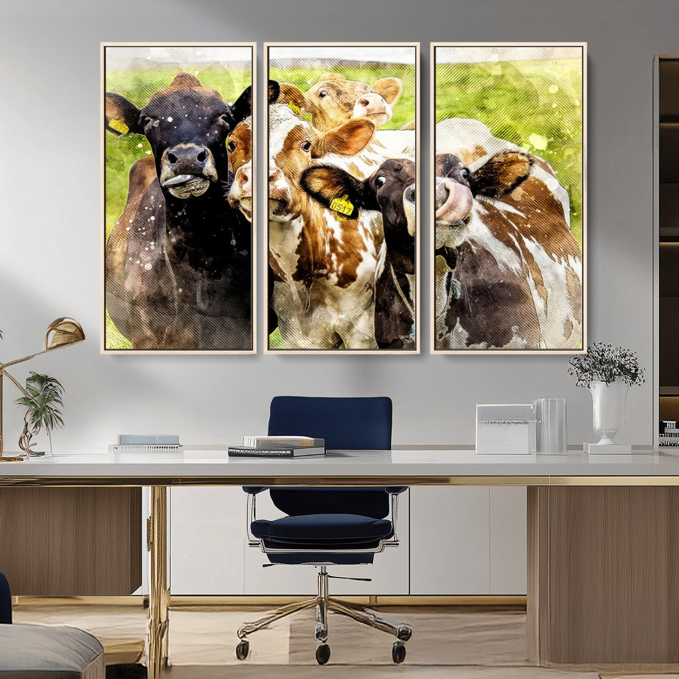 MGV-FC-48X32-3P - Curious Cows Farmhouse Wall Art | Ready to Hang and Framed Canvas Print | Rustic Farm Decor