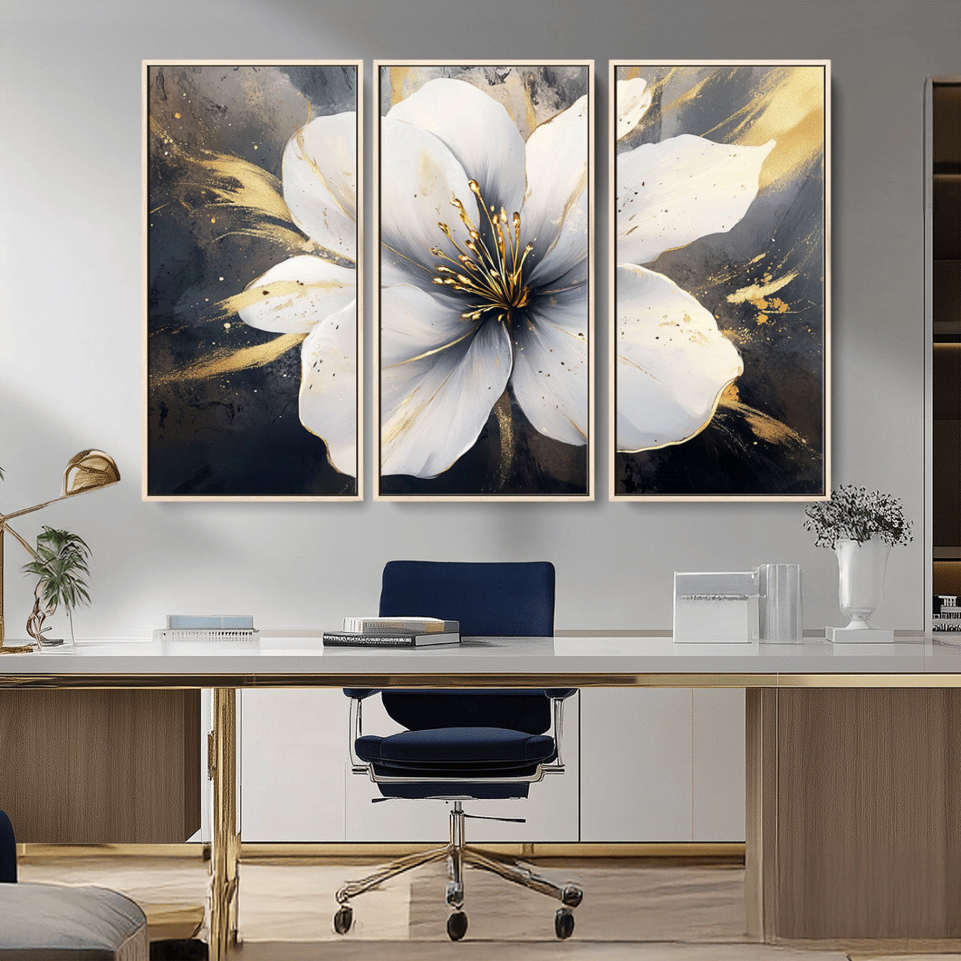 MGV-FC-48X32-3P - White Flower Wall Art Canvas Print | Ready to Hang | Abstract Floral Wall Decor | Elegant Bloom