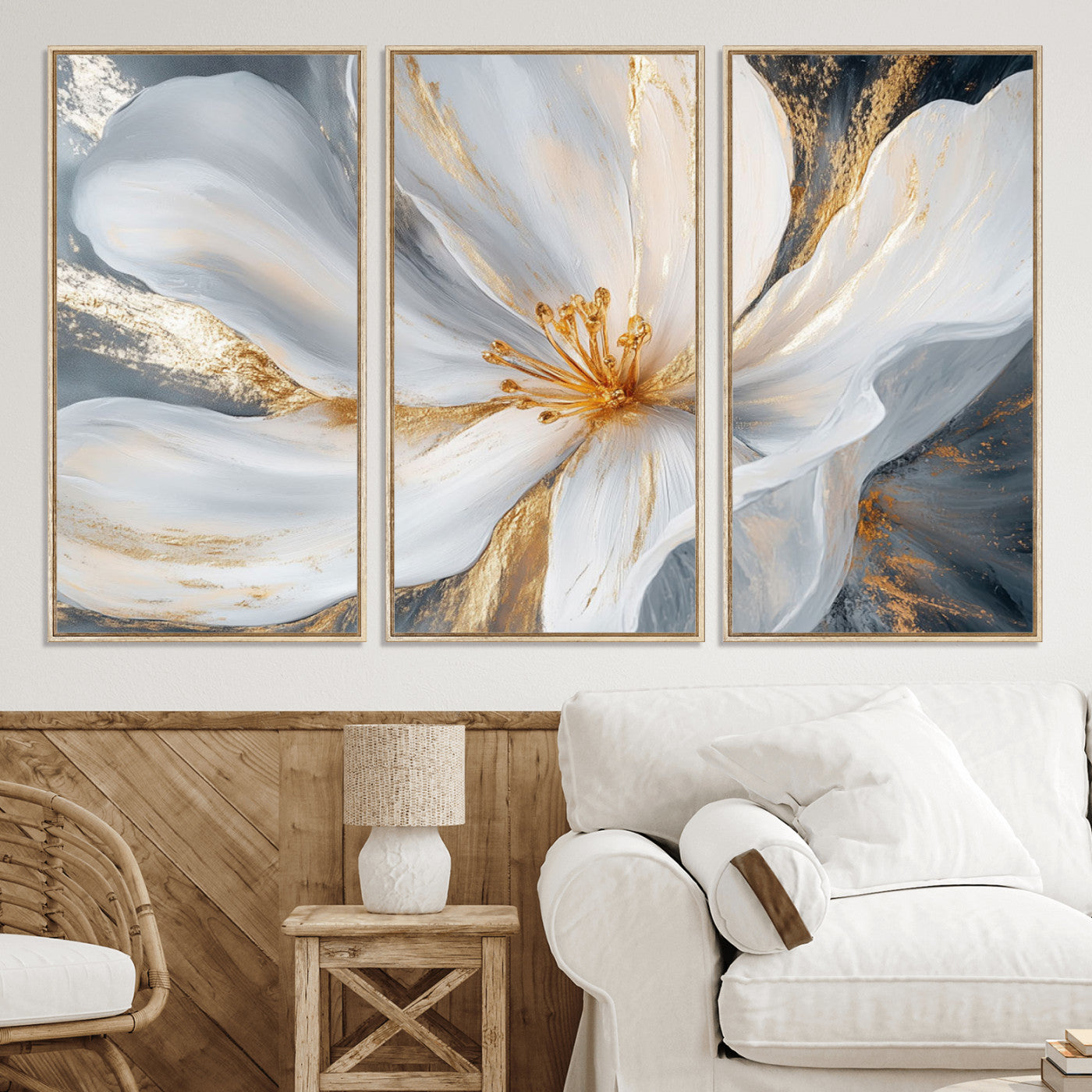83149-MGV-CV-36X24-White and Gold Floral Canvas Wall Art - Framed and Ready to Hang - Perfect for Modern Living Rooms