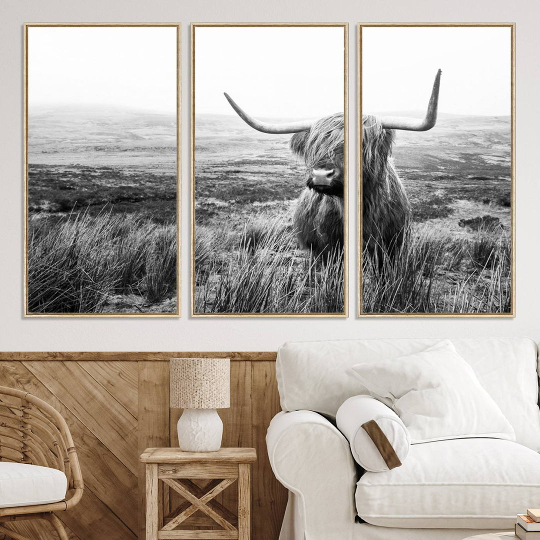 Scottish Highland Cow Wall Art | Black and White Canvas Print | Ready to Hang and Framed | Rustic Farmhouse Wall Decor for Living Room or