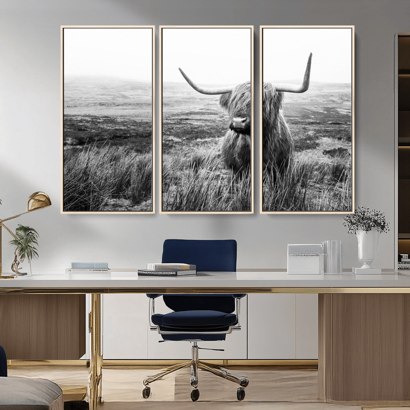 MGV-FC-48X32-3P - Scottish Highland Cow Wall Art | Black and White Canvas Print | Ready to Hang and Framed | Rustic