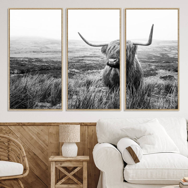 Scottish Highland Cow Wall Art | Black and White Canvas Print | Ready to Hang and Framed | Rustic Farmhouse Wall Decor for Living Room or