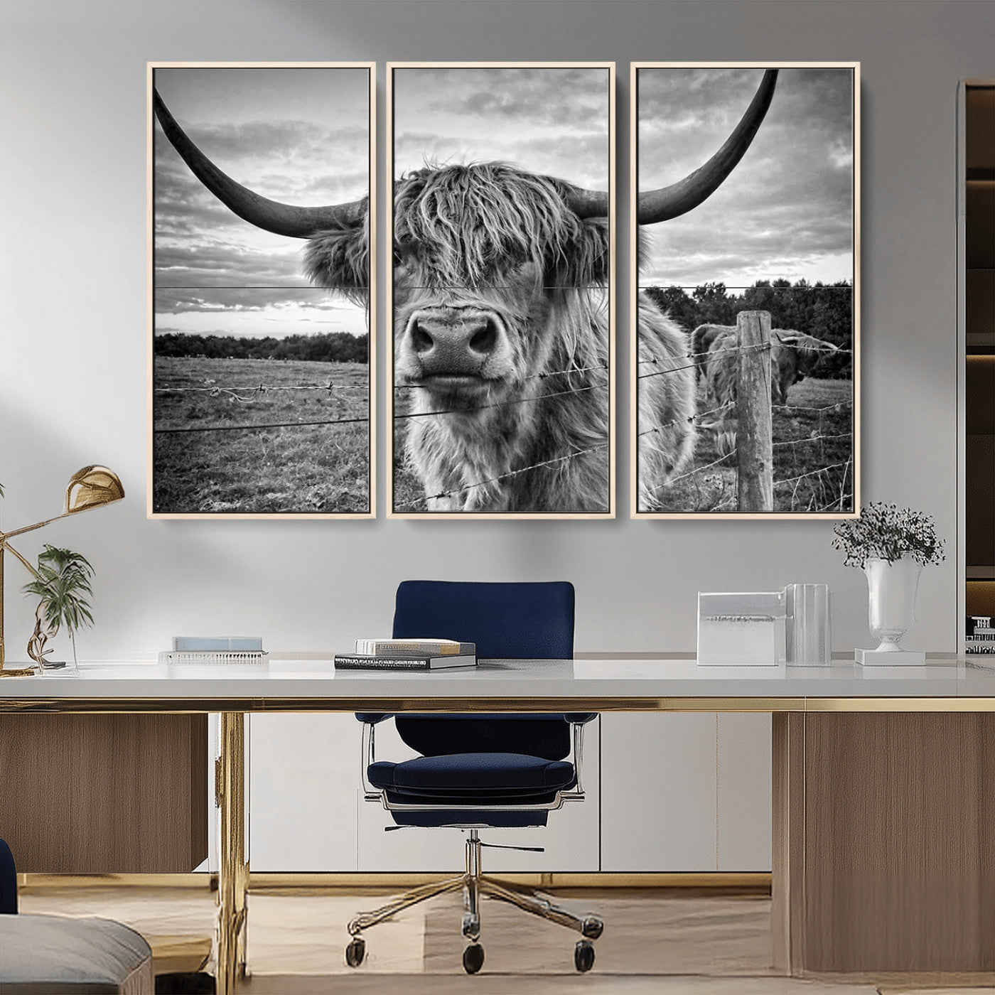 MGV-FC-48X32-3P - Scottish Highland Cow Wall Art Canvas Print | Ready to Hang and Framed | Rustic Farmhouse Decor