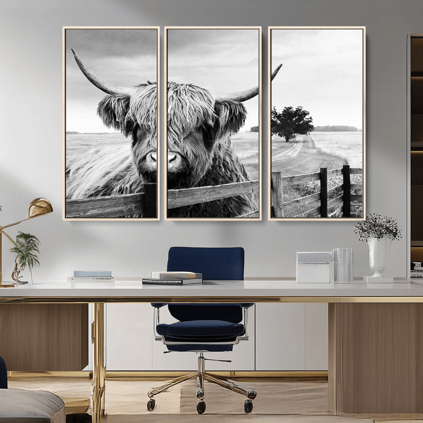 MGV-FC-48X32-3P - Scottish Highland Cow Wall Art | Rustic Farmhouse Décor | Black and White Ready to Hang Canvas Print