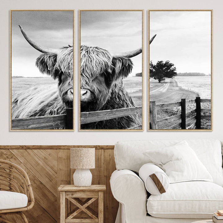 Scottish Highland Cow Wall Art | Rustic Farmhouse Décor | Black and White Ready to Hang Canvas Print