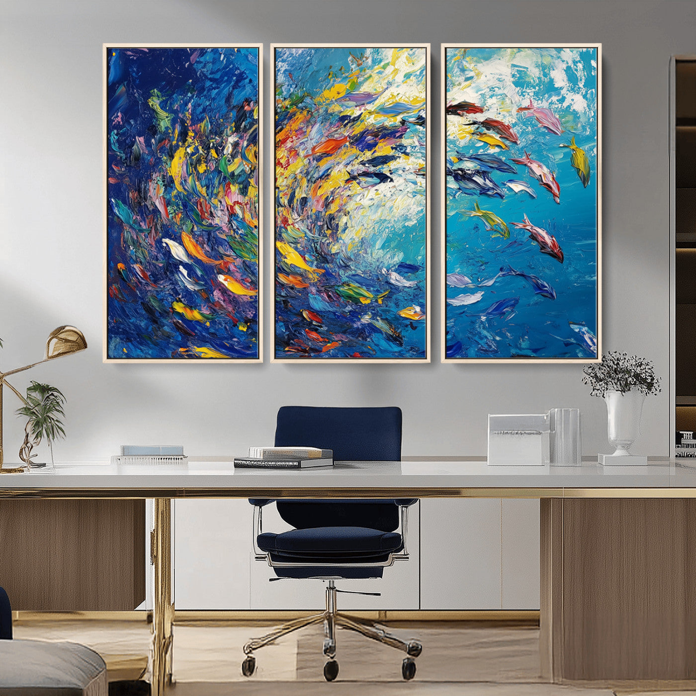 MGV-FC-48X32-3P - Colorful Swirling Fish School Wall Art Canvas Print | Oceanic Abstract Painting | Ready to Hang |