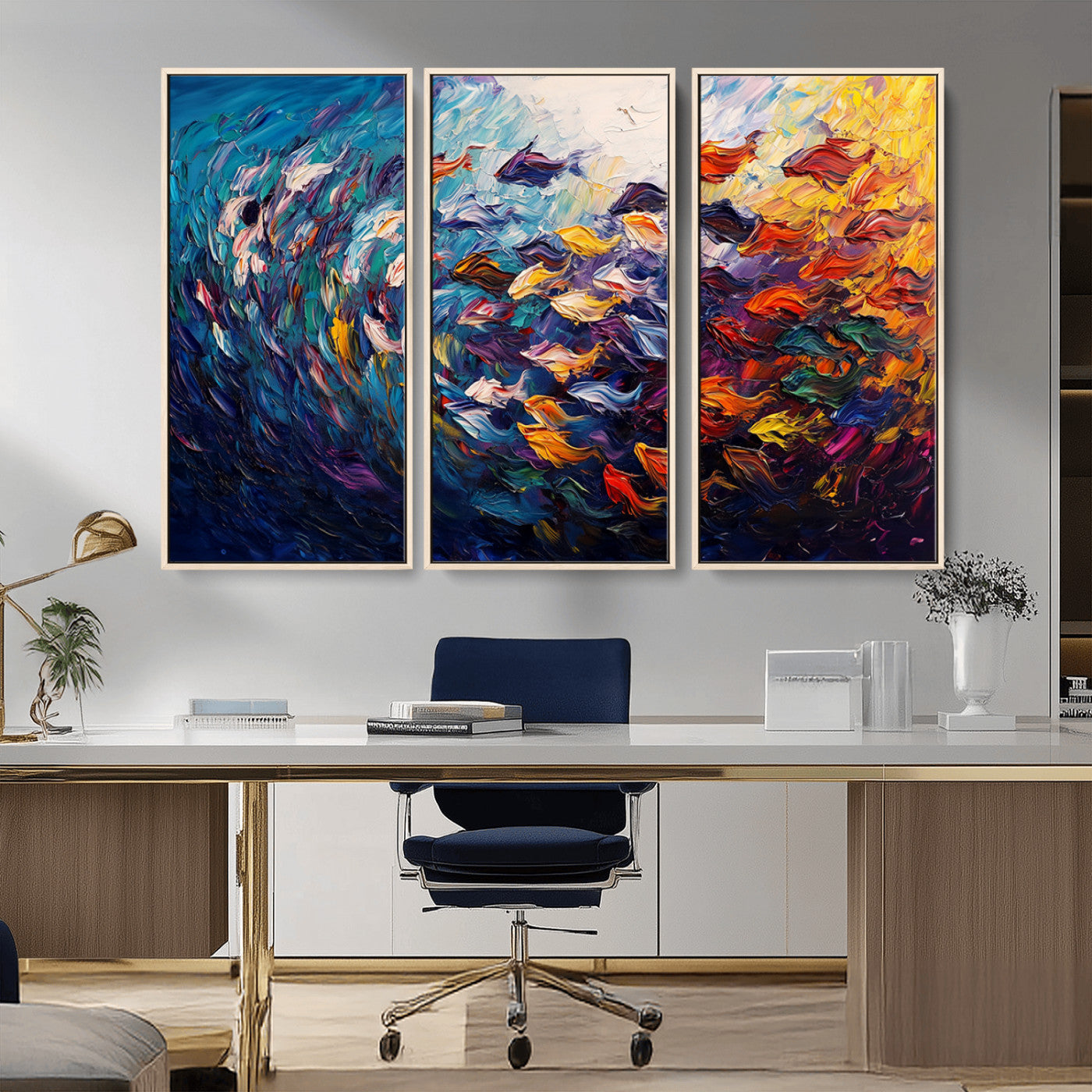 MGV-FC-48X32-3P - Vibrant Abstract Fish Swarm Art – Colorful Fish Inspired 3-Piece Canvas Wall Art for Living Room or