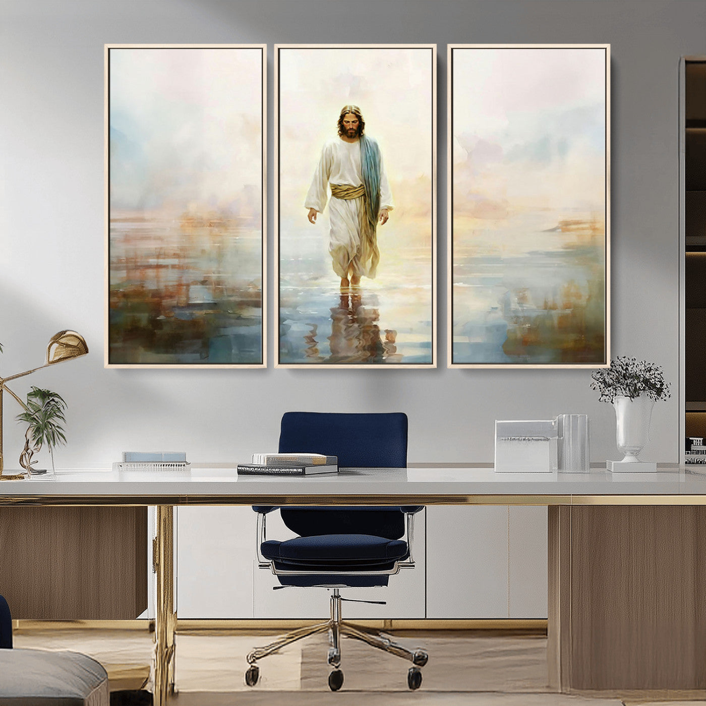 MGV-FC-48X32-3P - Framed Jesus Walking on Water Wall Art - 3-Panel Christian Canvas Prints, Religious Artwork for